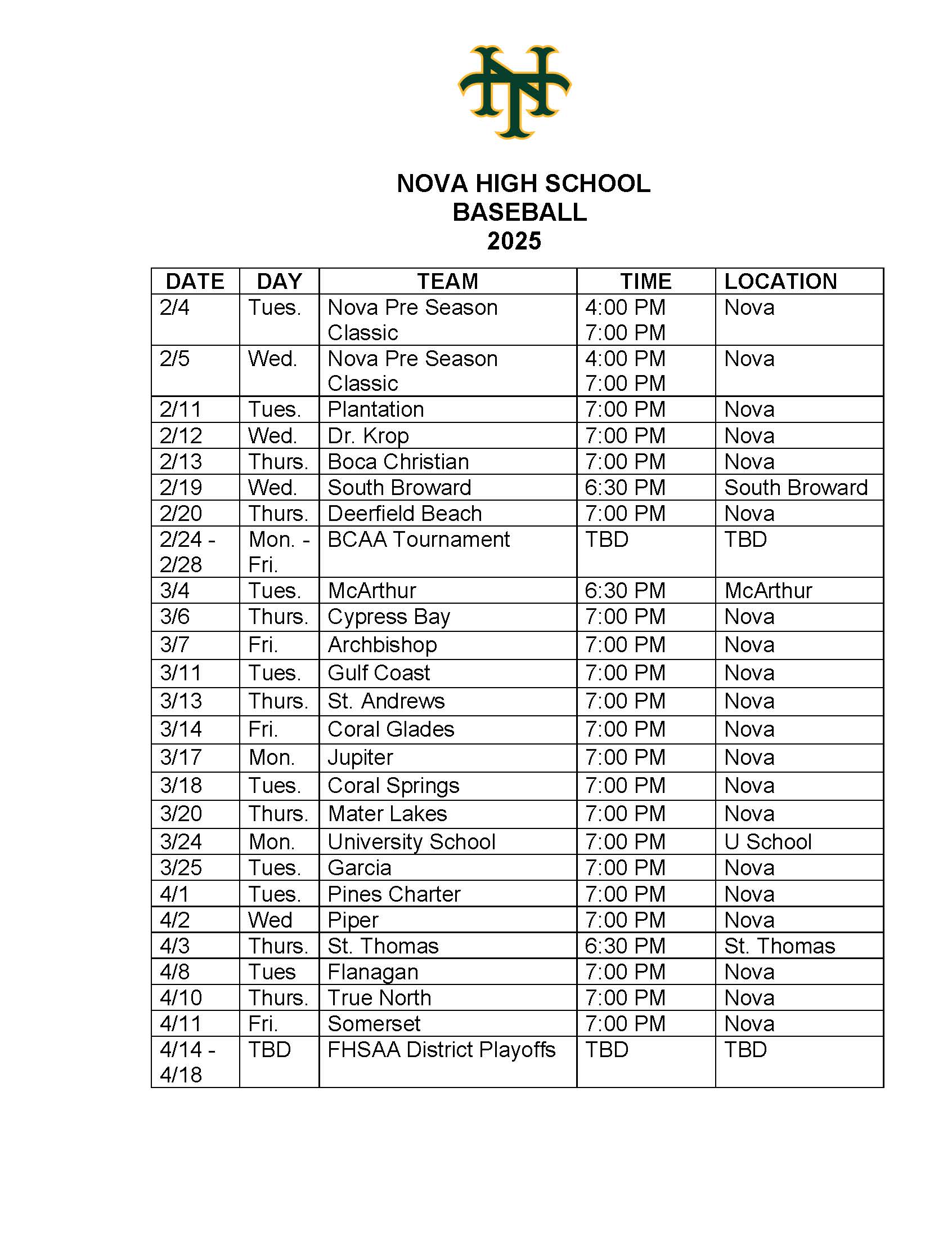 2025 Baseball Schedule