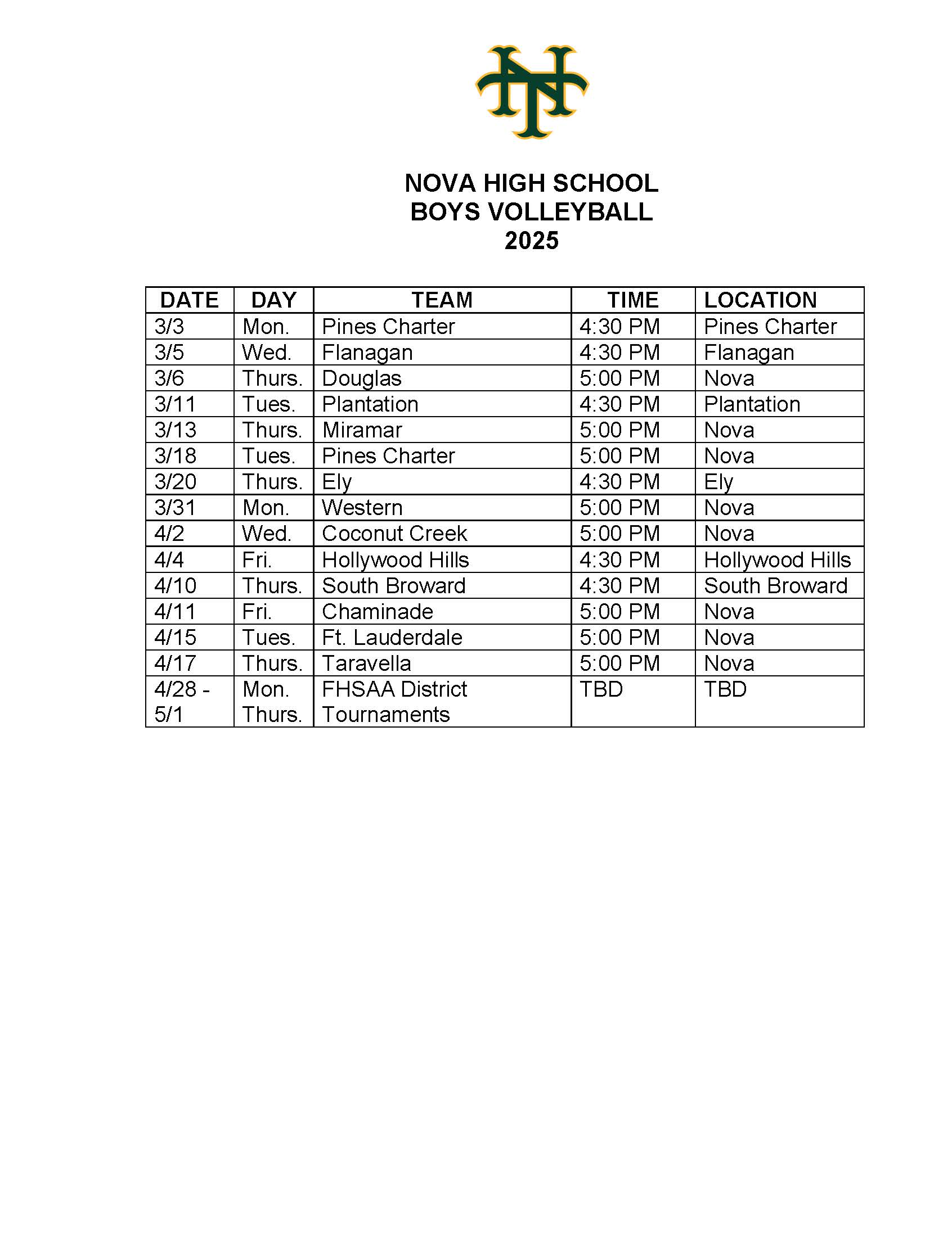 2025 Boys Volleyball Schedule