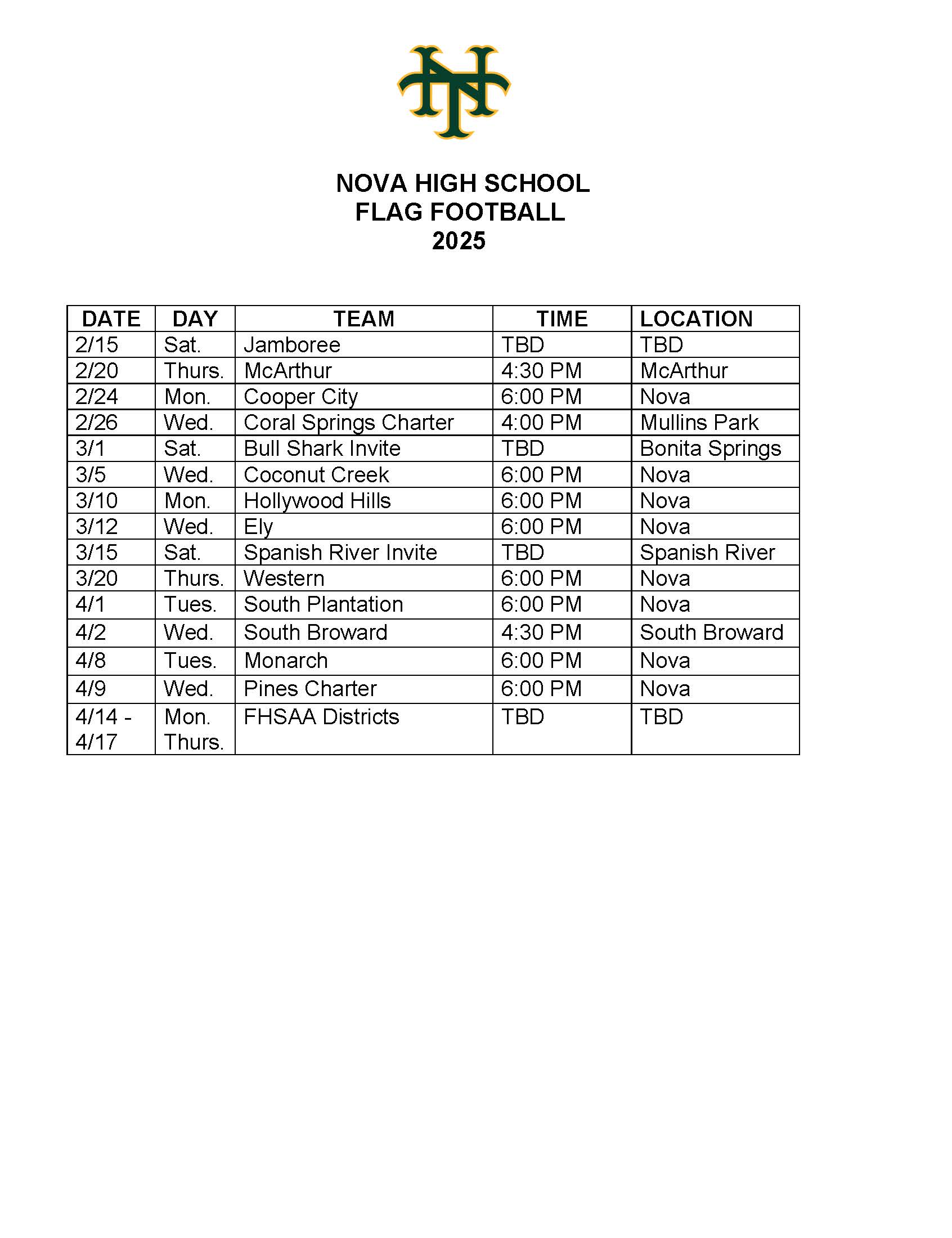 2025 Flag Football Schedule