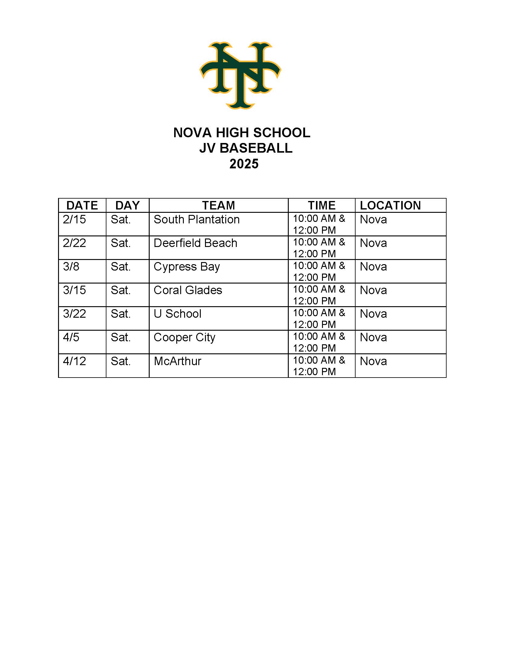 2025 JV Baseball Schedule