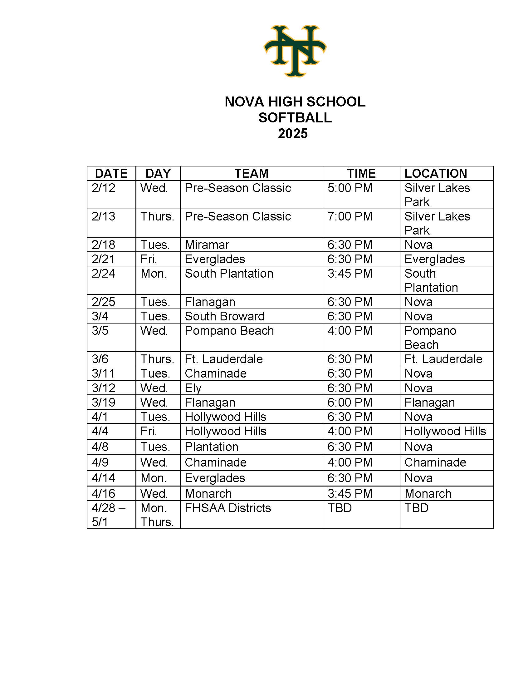 2025 Softball Schedule