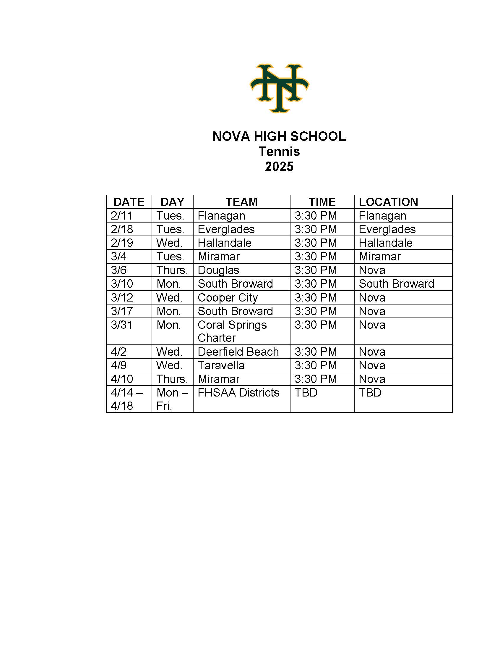 2025 Tennis Schedule