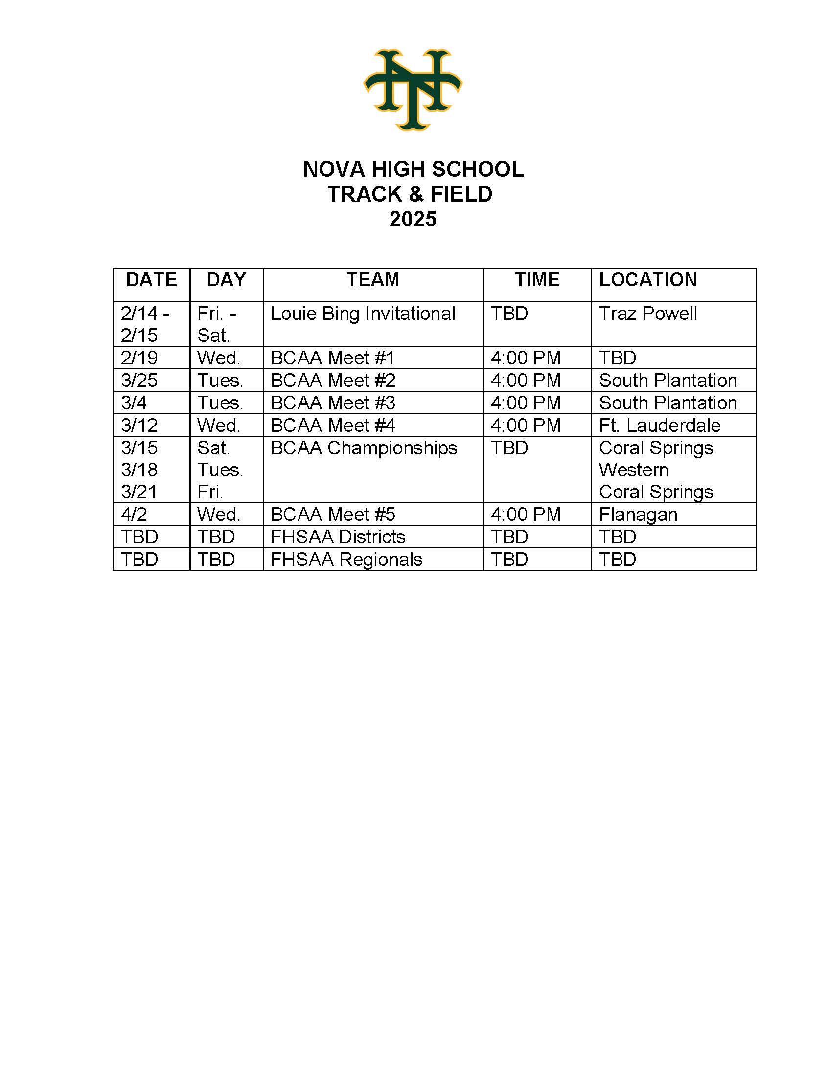 2025 Track & Field Schedule