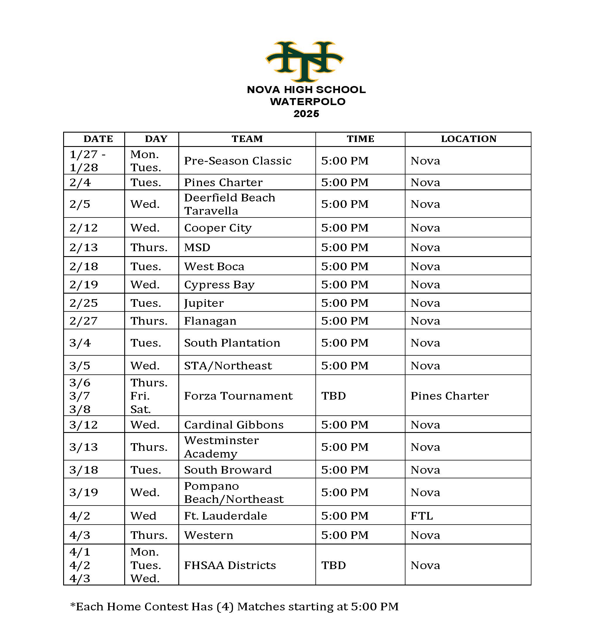 2025 Waterpolo Schedule