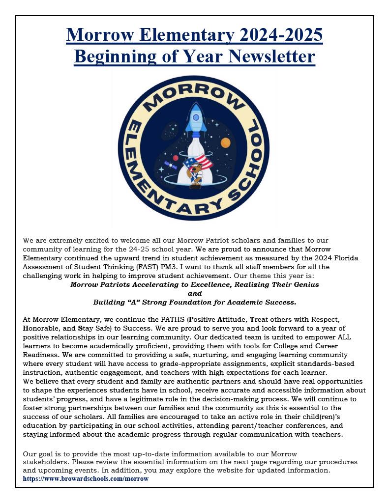  Morrow Elem 2024-2025  Beginning of Year Newsletter