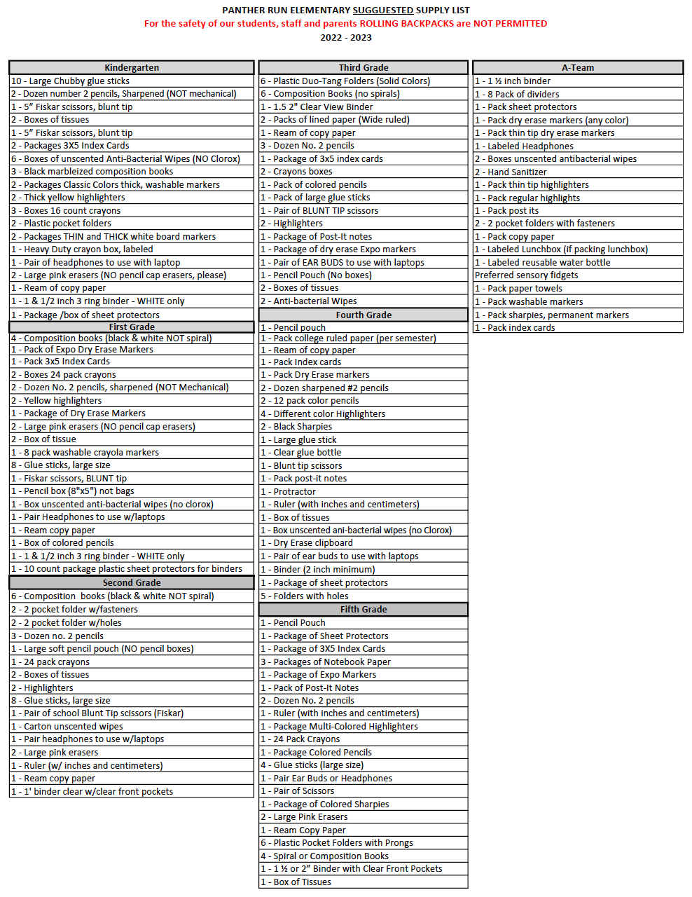  Suggested Student Supply List SY22-23