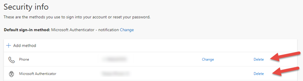 Security Info message with options to edit or add sign-in method