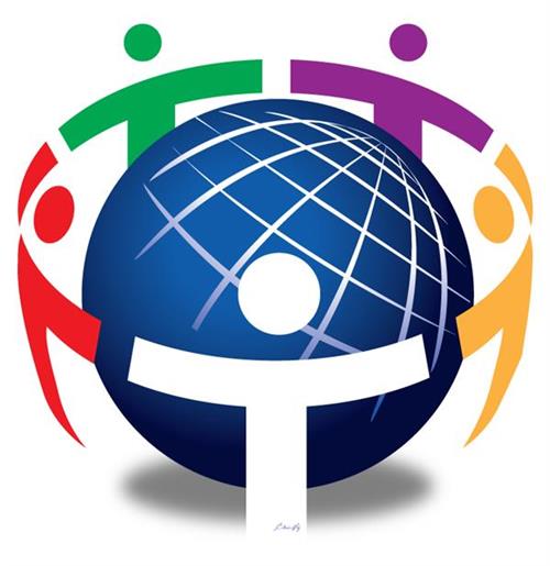 Department logo: Globe with people encircling the globe 