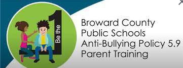 Broward Schools Anti-Bully Policy graphic. Image shows adult talking to child that looks distressed.
