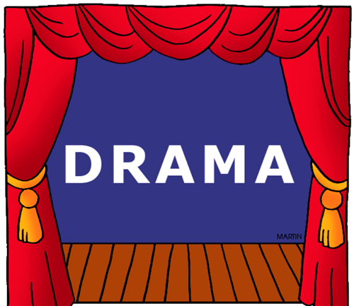 The word Drama centered on a stage with red curtains and a blue backdrop