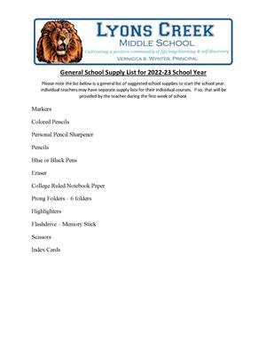  General School Supply List for 2022-23 School Year