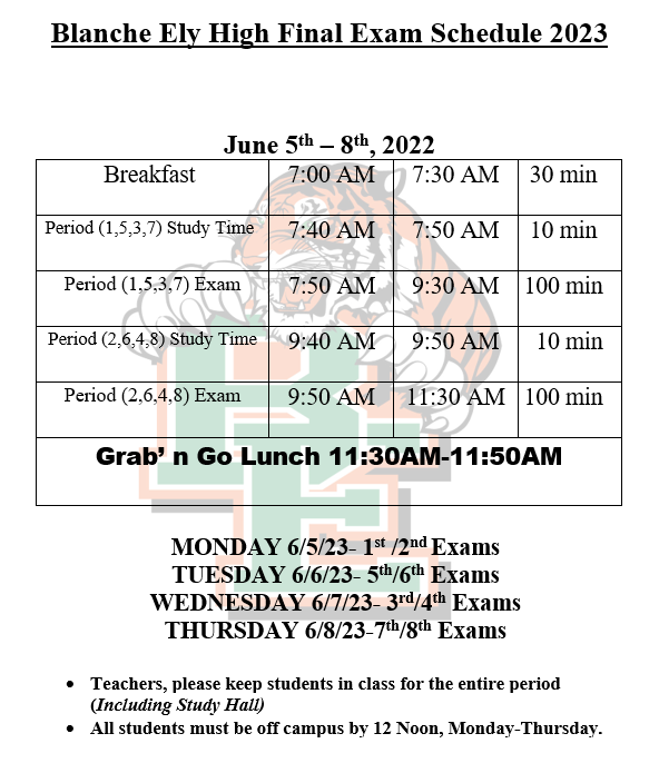  Final exam schedule with periods and times