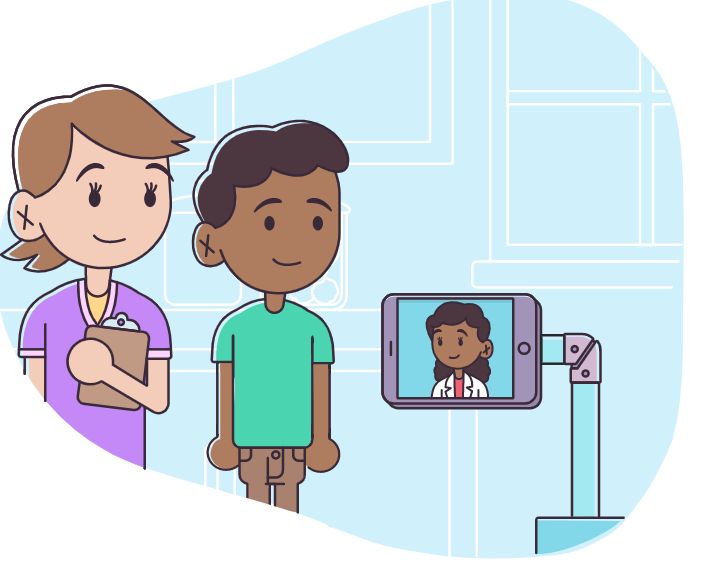 The school nurse and a student communicating with Dr. Hazel remotely 