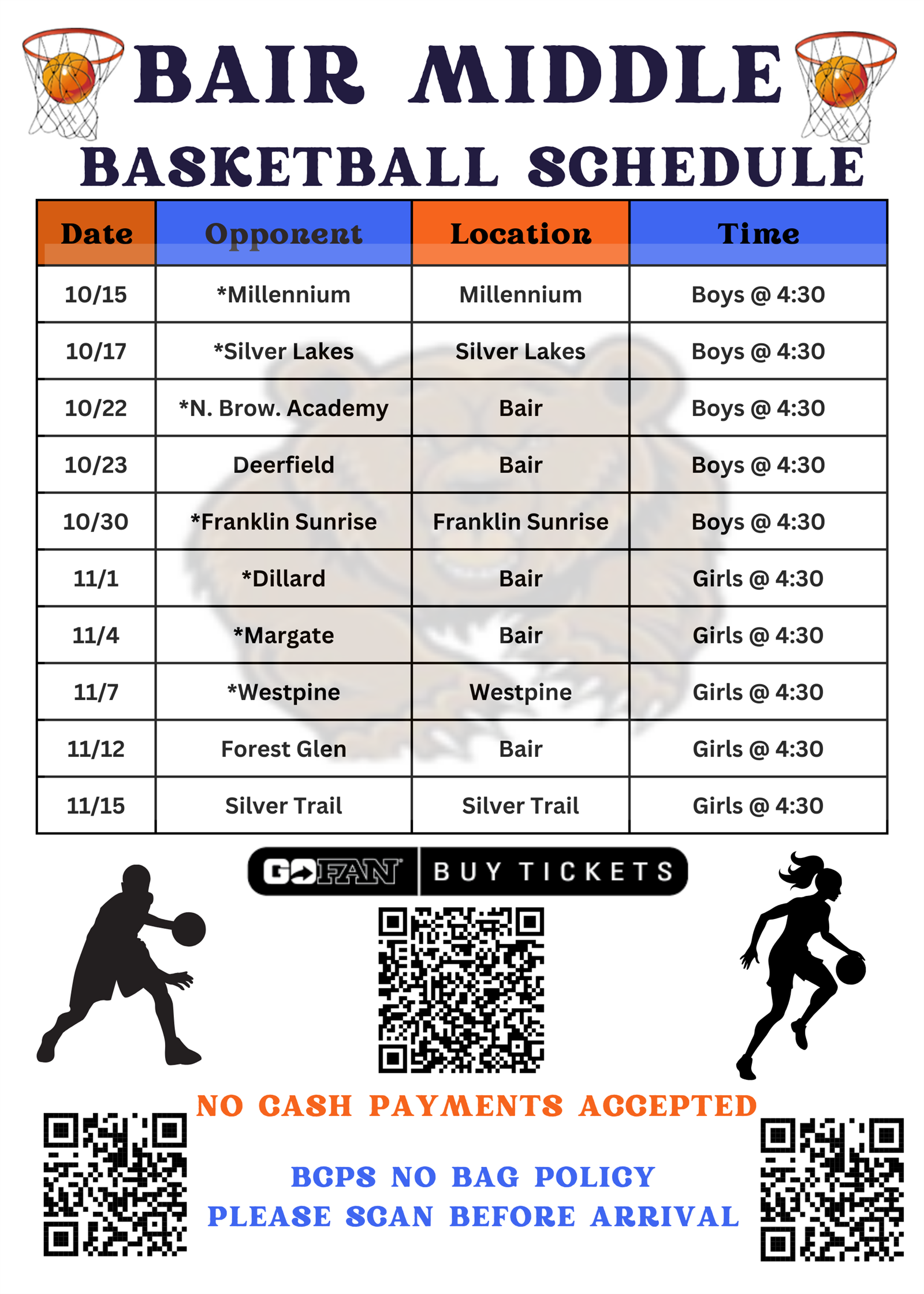 Bair Middle 2024-25 Basketball Schedule