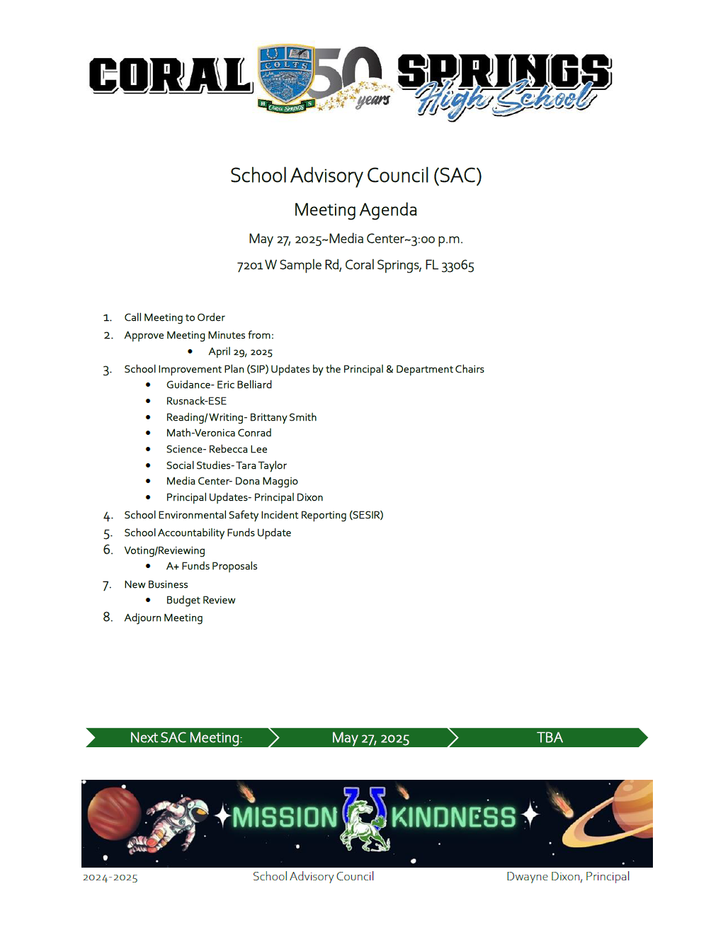  School Advisory Council (SAC) Meeting Agenda - 05/27/25