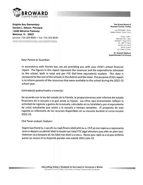 22-23 School Financial Report Parent Letter