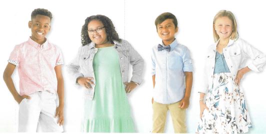  Image of four children standing, posed for pictures in colorful outfits