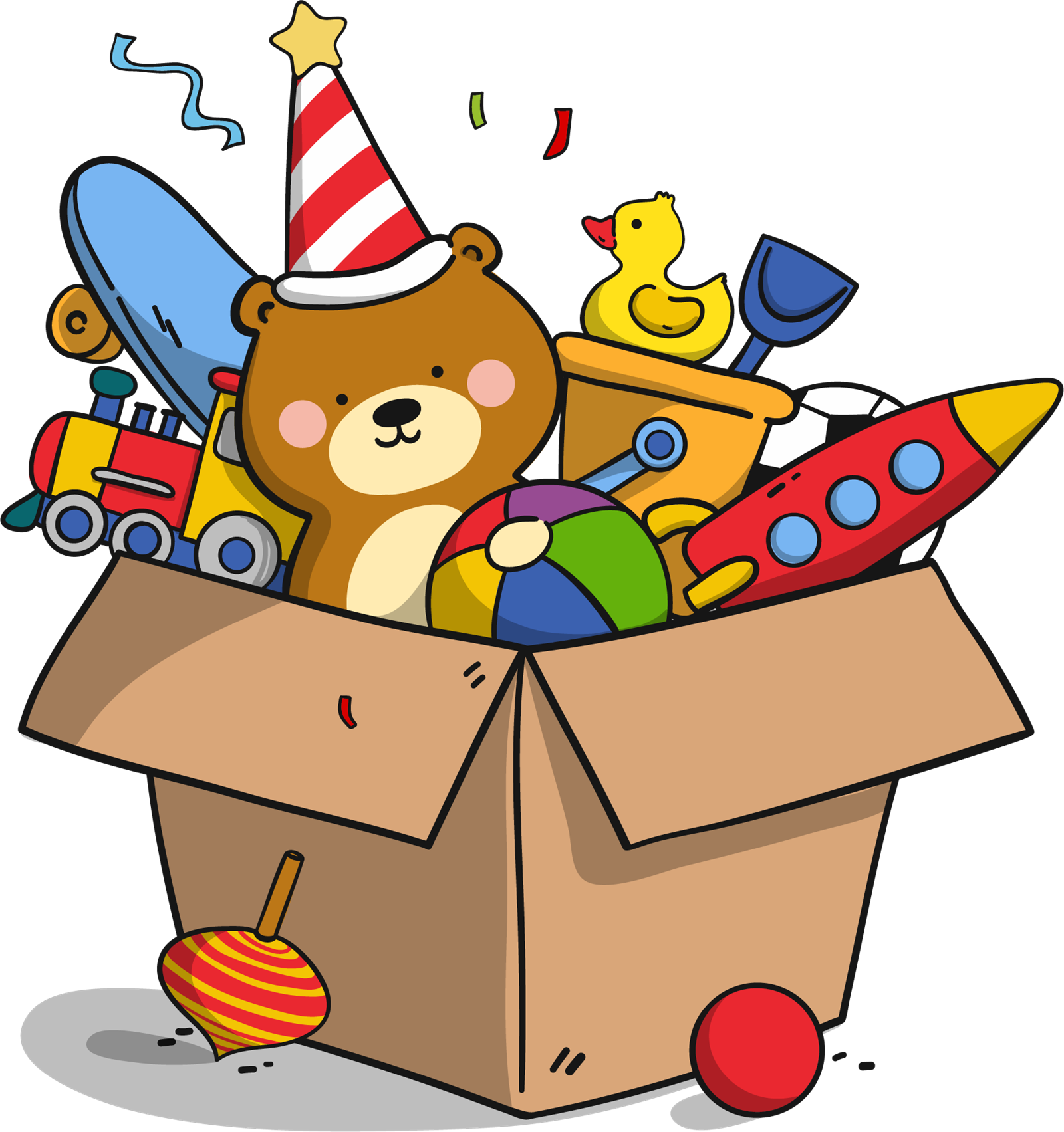  Box with toys like teddy bears and balls