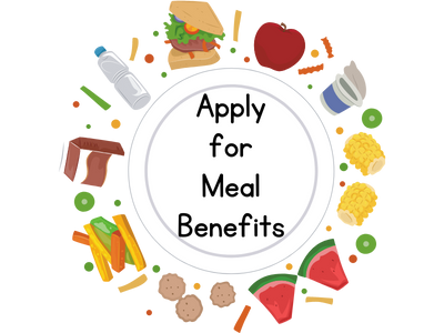  food in a circle pattern with apply for meal benefits in center